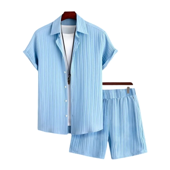 Generic Men's Popcon Striped Half Sleeve Shirt and Shorts Set (Blue) Generic Men's Popcon Striped Half Sleeve Shirt and Shorts Set (Blue)