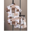 Generic Men's Lycra Printed Half Sleeve Shirt and Shorts Set (Cream)