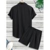 Generic Men's Popcon Striped Half Sleeve Shirt and Shorts Set (Black)