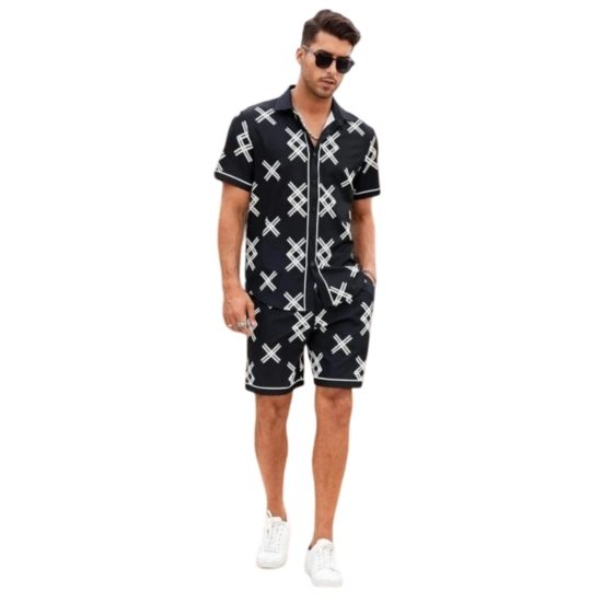 Generic Men's Lycra Printed Half Sleeve Shirt and Shorts Set (Black ) Generic Men's Lycra Printed Half Sleeve Shirt and Shorts Set (Black )