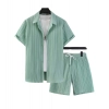 Generic Men's Popcon Striped Half Sleeve Shirt and Shorts Set (Green)