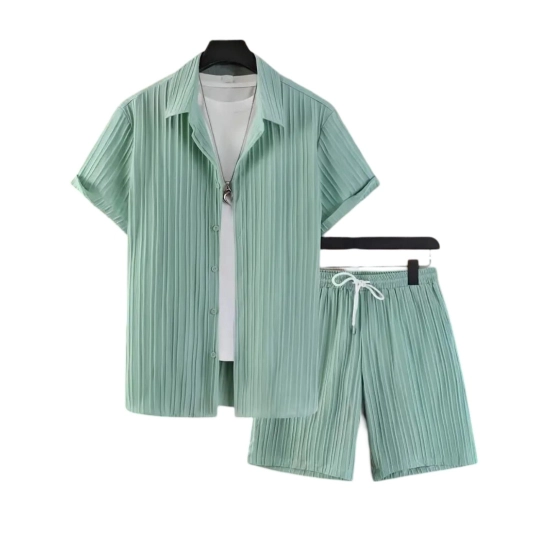 Generic Men's Popcon Striped Half Sleeve Shirt and Shorts Set (Green)