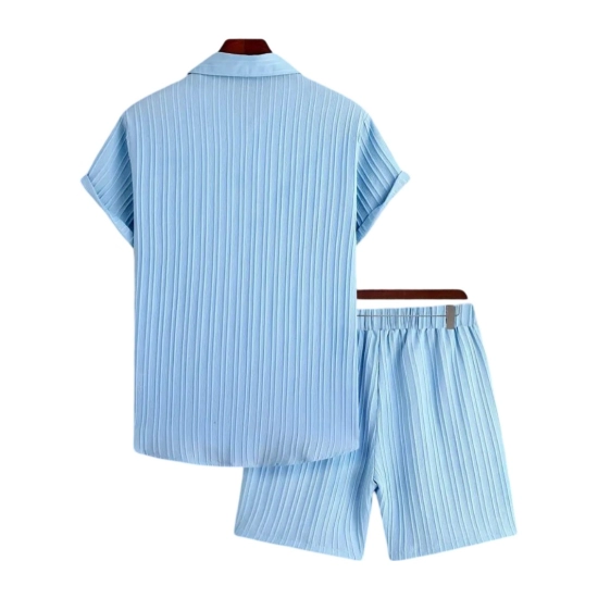 Generic Men's Popcon Striped Half Sleeve Shirt and Shorts Set (Blue) Generic Men's Popcon Striped Half Sleeve Shirt and Shorts Set (Blue)