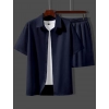 Generic Men's Popcon Solid Half Sleeve Shirt and Shorts Set (Dark Blue)