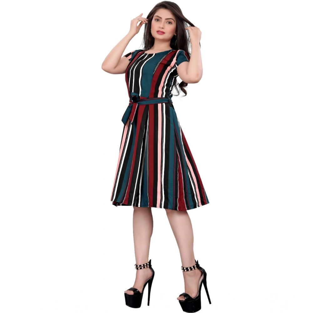 Generic Women's Crep Striped Short Sleeve Dress (Red-Blue ) Generic Women's Crep Striped Short Sleeve Dress (Red-Blue )
