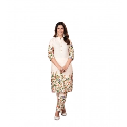 Women's Cotton Printed 3/4th Sleeve Kurti With Pant (Cream )