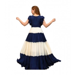 Women's Georgette Solid Half Sleeve Gown (Blue-White)