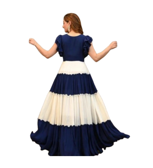 Generic Women's Georgette Solid Half Sleeve Gown (Blue-White)