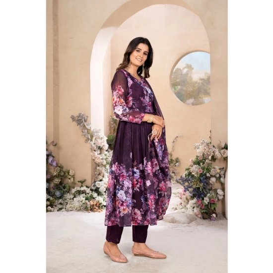 Generic Women's Georgette Printed 3/4th Sleeve Kurti With Pant And Dupatta Set (Wine)