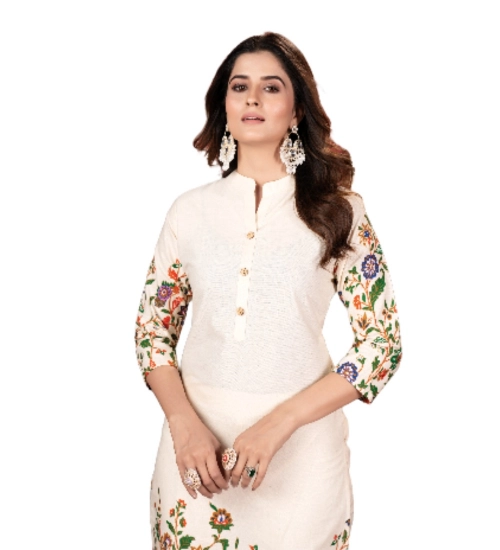 Generic Women's Cotton Printed 3/4th Sleeve Kurti With Pant (Cream )