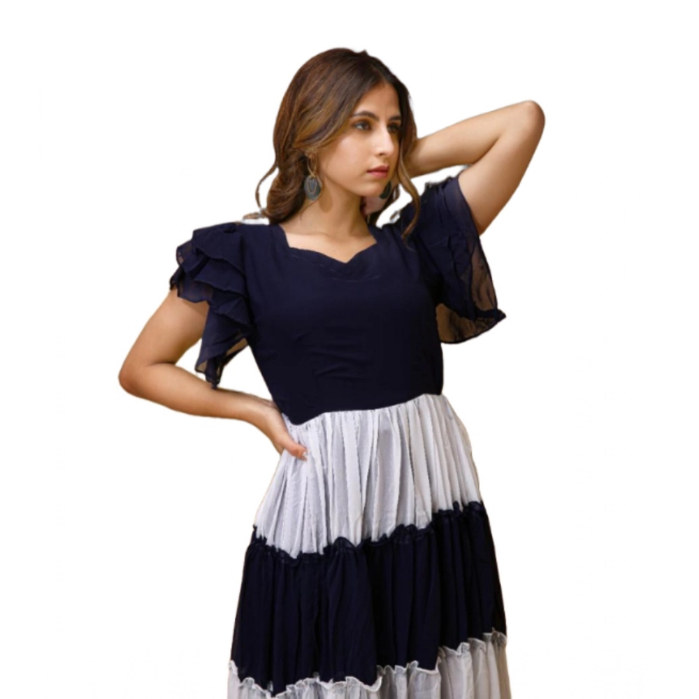 Generic Women's Georgette Solid Half Sleeve Gown (Blue-White) Generic Women's Georgette Solid Half Sleeve Gown (Blue-White)