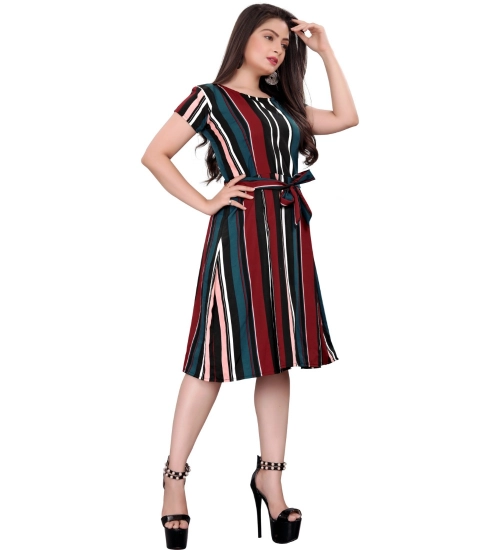 Generic Women's Crep Striped Short Sleeve Dress (Red-Blue )