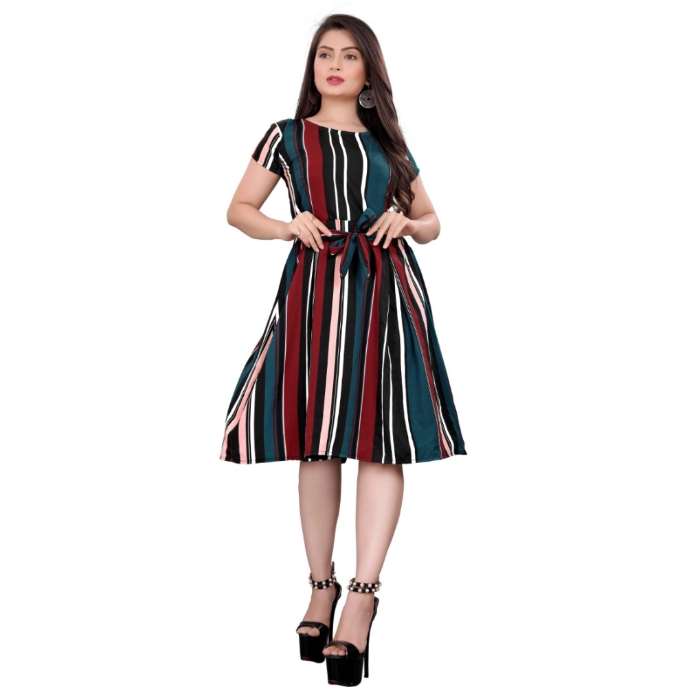 Generic Women's Crep Striped Short Sleeve Dress (Red-Blue ) Generic Women's Crep Striped Short Sleeve Dress (Red-Blue )