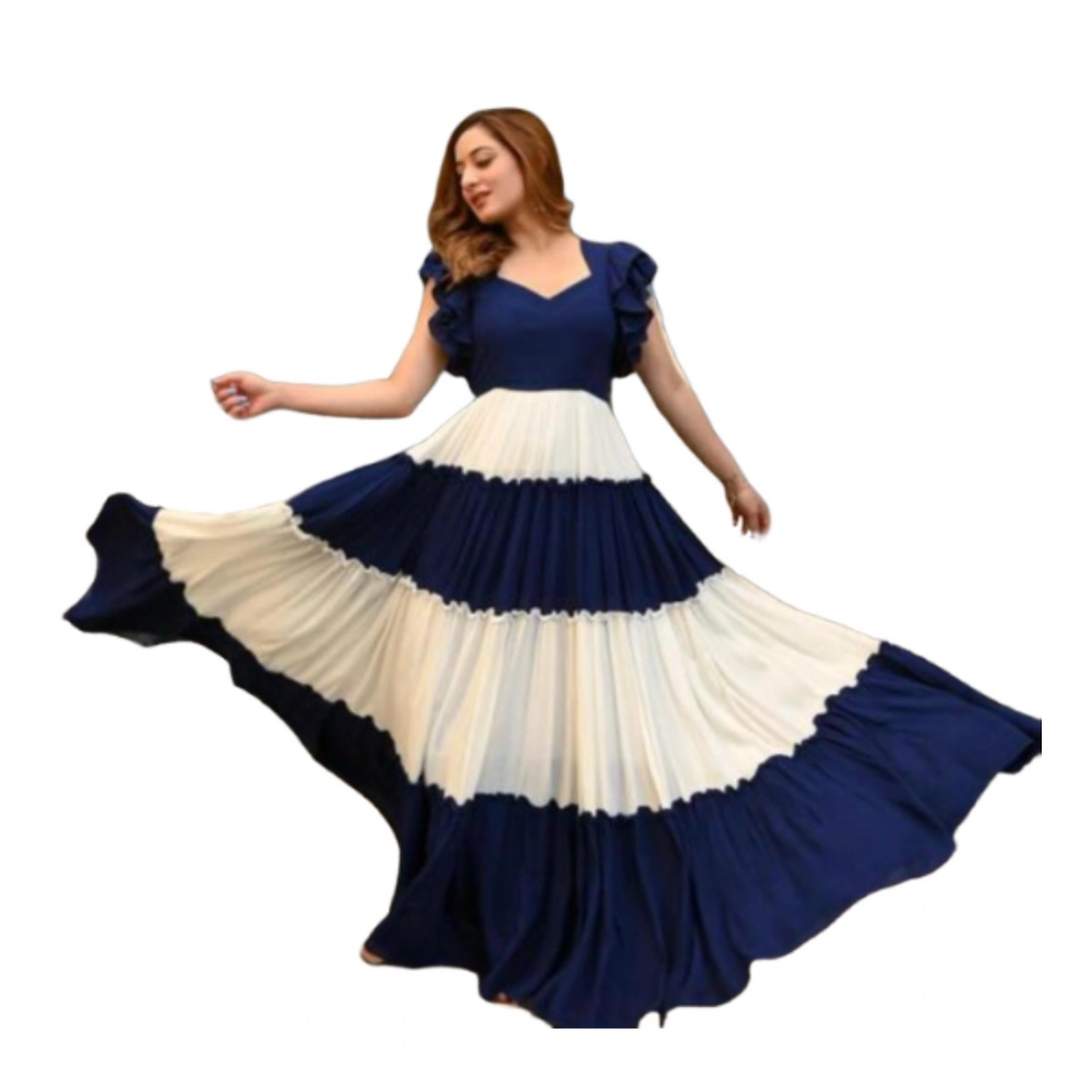 Generic Women's Georgette Solid Half Sleeve Gown (Blue-White) Generic Women's Georgette Solid Half Sleeve Gown (Blue-White)