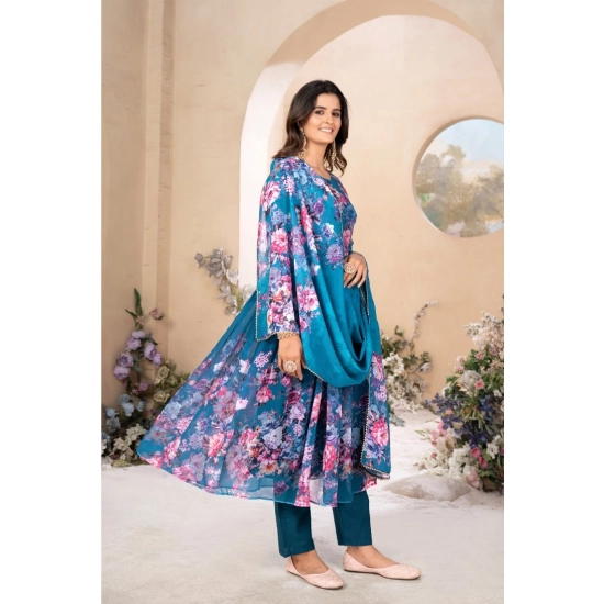 Generic Women's Georgette Printed 3/4th Sleeve Kurti With Pant And Dupatta Set (Blue)