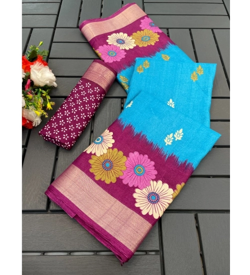 Generic Women's Cotton Blend Printed Saree With Unstitched Blouse (Light Blue, 5-5 Mtrs)