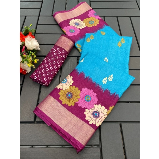 Generic Women's Cotton Blend Printed Saree With Unstitched Blouse (Light Blue, 5-5 Mtrs)