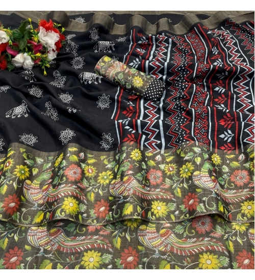 Generic Women's Silk Blend Printed Saree With Unstitched Blouse (Black, 5-5 Mtrs)