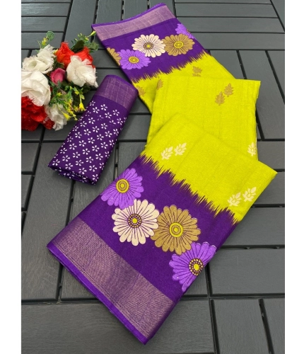 Generic Women's Cotton Blend Printed Saree With Unstitched Blouse (Dark Green, 5-5 Mtrs)