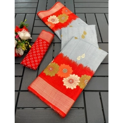 Generic Women's Cotton Blend Printed Saree With Unstitched Blouse (Grey, 5-5 Mtrs)