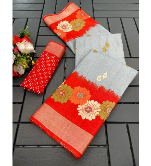 Generic Women's Cotton Blend Printed Saree With Unstitched Blouse (Grey, 5-5 Mtrs)