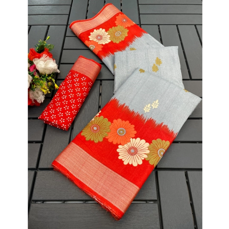 Women's Cotton Blend Printed Saree With Unstitched Blouse (Grey, 5-5 Mtrs)