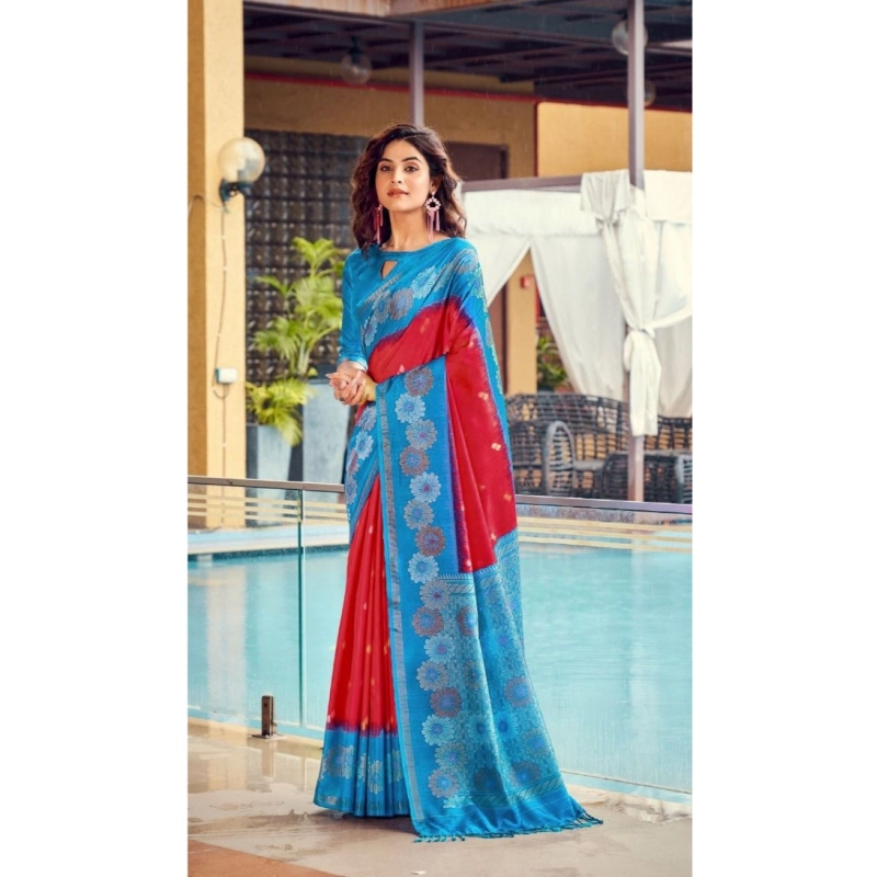 Women's Cotton Blend Printed Saree With Unstitched Blouse (Red, 5-5 Mtrs)