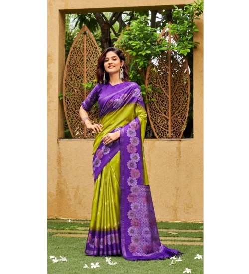Generic Women's Cotton Blend Printed Saree With Unstitched Blouse (Dark Green, 5-5 Mtrs)