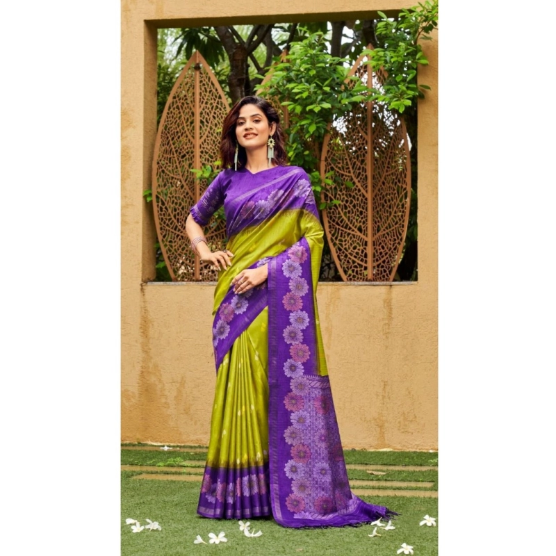 Women's Cotton Blend Printed Saree With Unstitched Blouse (Dark Green, 5-5 Mtrs) Women's Cotton Blend Printed Saree With Unstitched Blouse (Dark Green, 5-5 Mtrs)