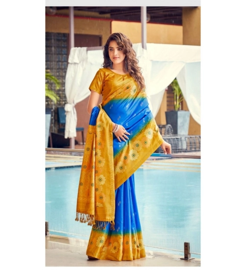 Generic Women's Cotton Blend Printed Saree With Unstitched Blouse (Blue, 5-5 Mtrs)