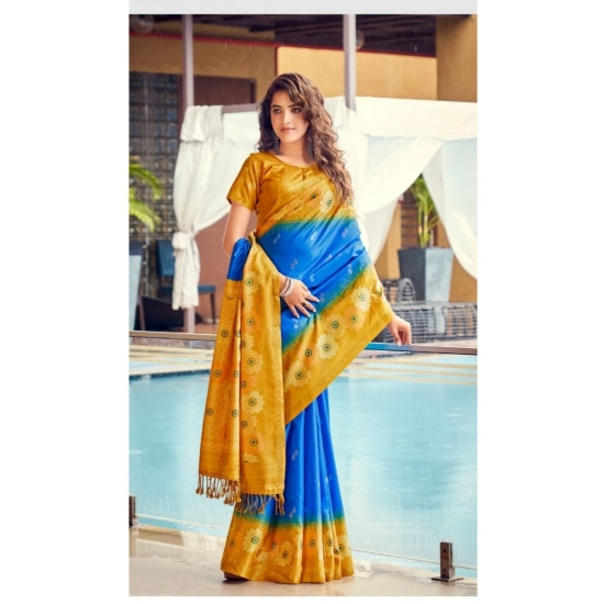 Generic Women's Cotton Blend Printed Saree With Unstitched Blouse (Blue, 5-5 Mtrs)