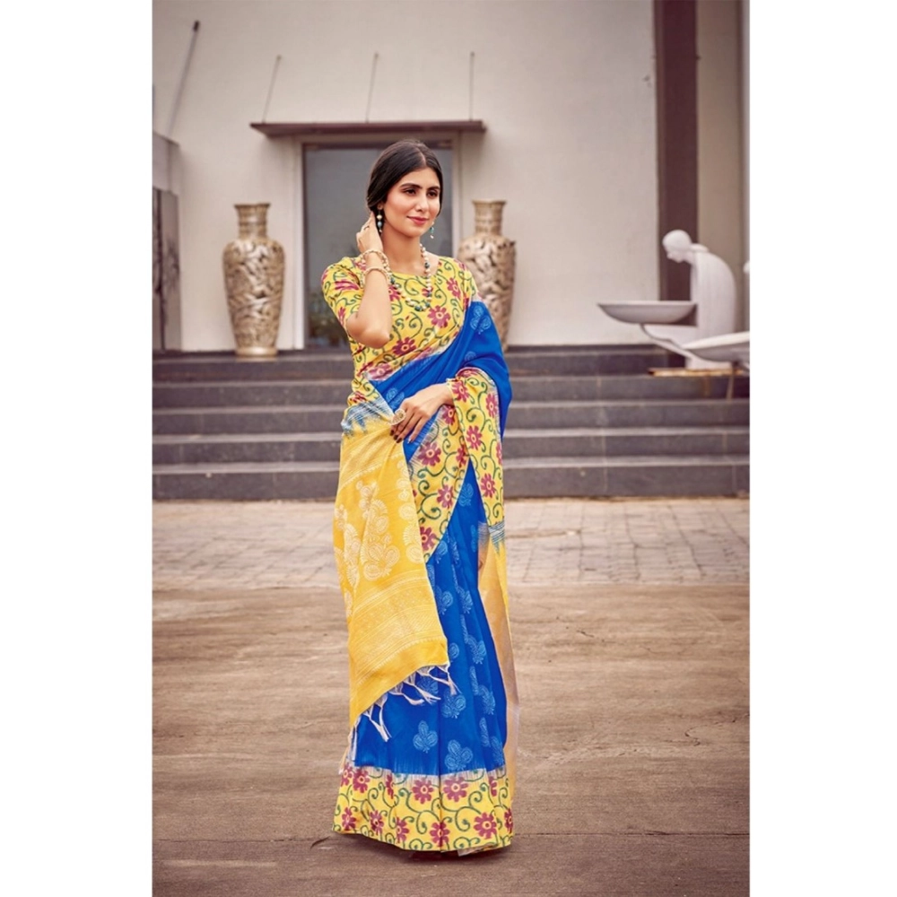 Generic Women's Cotton Blend Printed Saree With Unstitched Blouse (Blue, 5-5 Mtrs) Generic Women's Cotton Blend Printed Saree With Unstitched Blouse (Blue, 5-5 Mtrs)