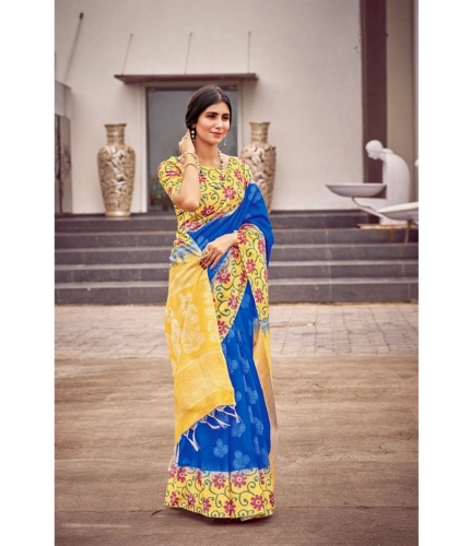 Generic Women's Cotton Blend Printed Saree With Unstitched Blouse (Blue, 5-5 Mtrs)