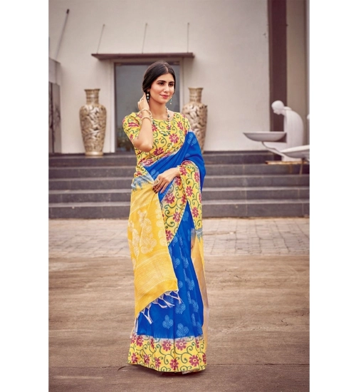Generic Women's Cotton Blend Printed Saree With Unstitched Blouse (Blue, 5-5 Mtrs)