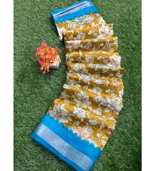 Generic Women's linen Printed Saree With Unstitched Blouse (Yellow, 5-5 Mtrs)