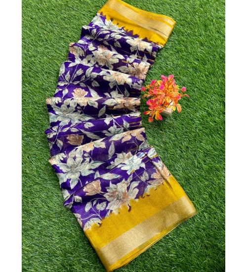 Generic Women's linen Printed Saree With Unstitched Blouse (Purple, 5-5 Mtrs)