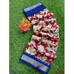 Generic Women's linen Printed Saree With Unstitched Blouse (Red, 5-5 Mtrs)