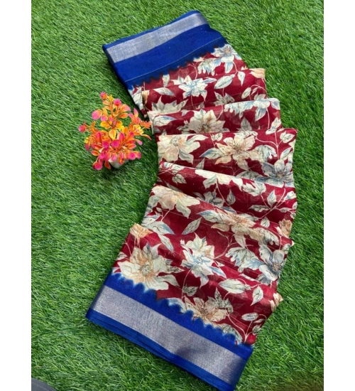 Generic Women's linen Printed Saree With Unstitched Blouse (Red, 5-5 Mtrs)