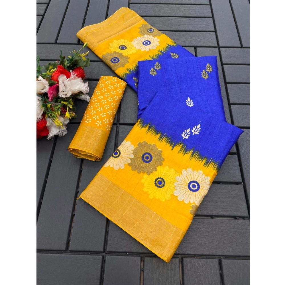 Generic Women's Cotton Blend Printed Saree With Unstitched Blouse (Blue, 5-5 Mtrs)