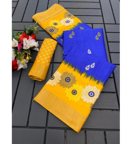 Generic Women's Cotton Blend Printed Saree With Unstitched Blouse (Blue, 5-5 Mtrs)