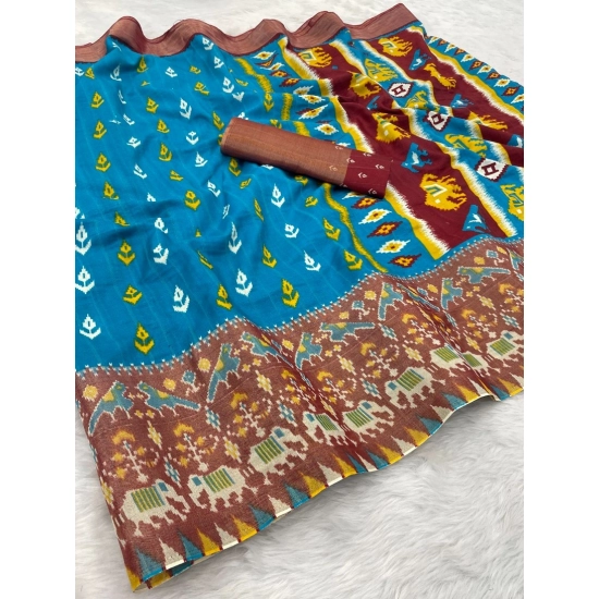 Generic Women's Silk Blend Printed Saree With Unstitched Blouse (Light Blue, 5-5 Mtrs)