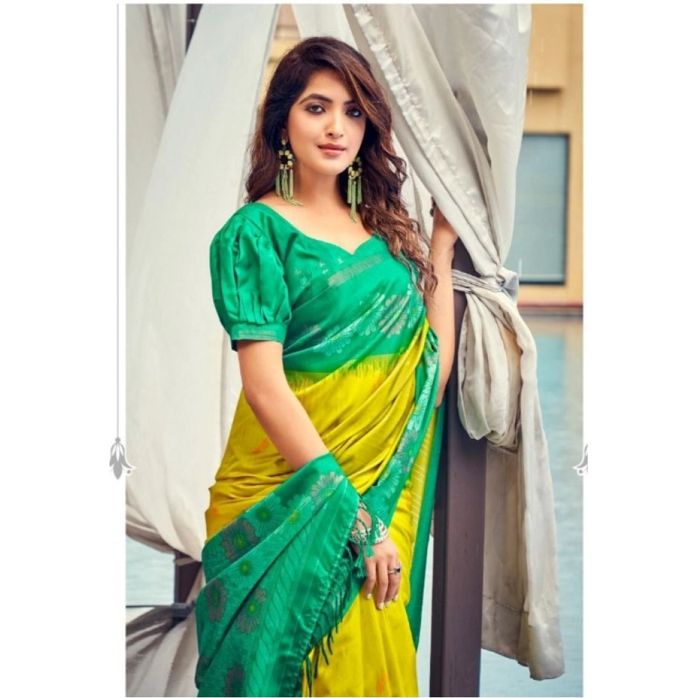 Generic Women's Cotton Blend Printed Saree With Unstitched Blouse (Yellow, 5-5 Mtrs)