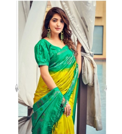Generic Women's Cotton Blend Printed Saree With Unstitched Blouse (Yellow, 5-5 Mtrs)