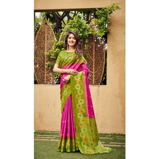 Generic Women's Cotton Blend Printed Saree With Unstitched Blouse (Pink, 5-5 Mtrs)