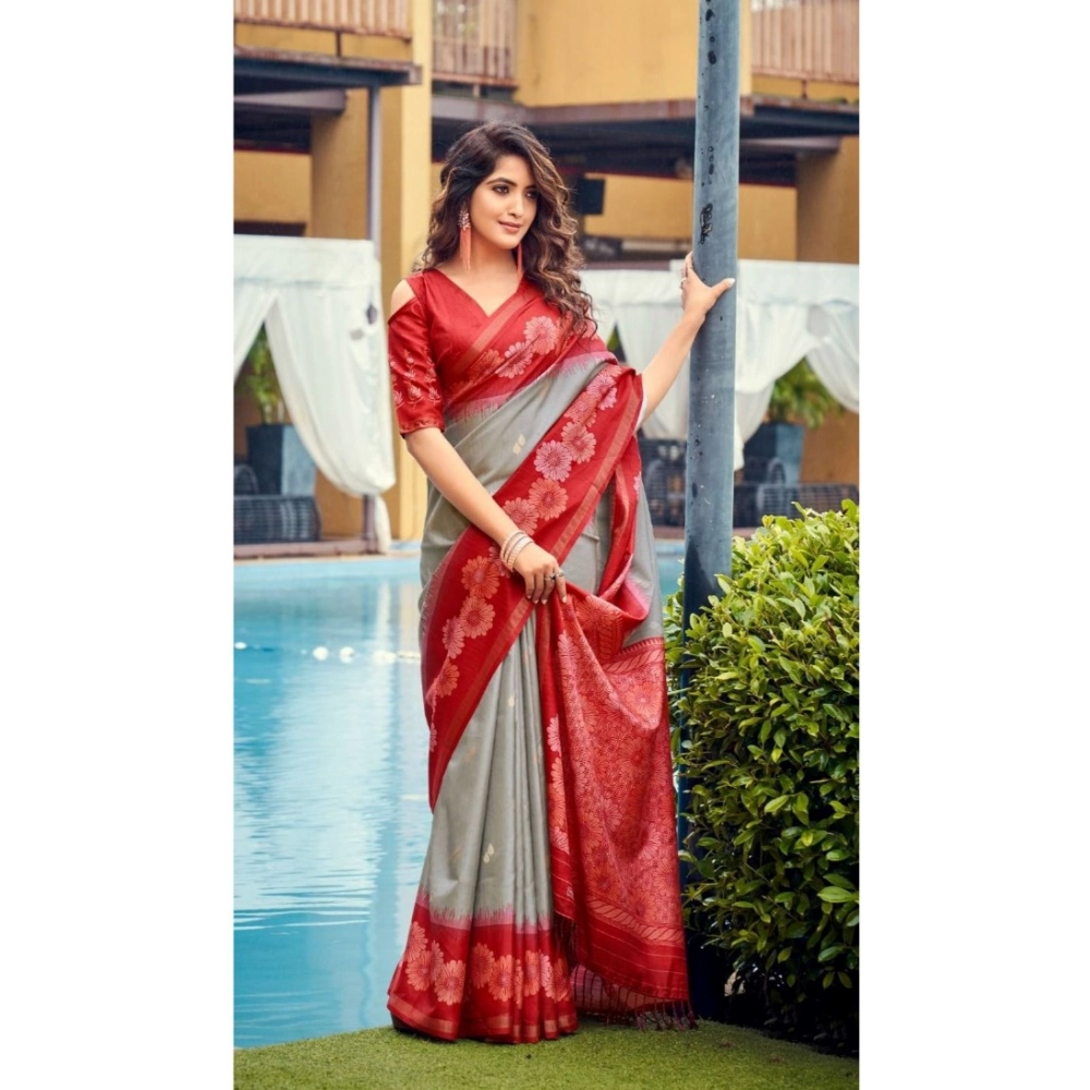 Generic Women's Cotton Blend Printed Saree With Unstitched Blouse (Grey, 5-5 Mtrs)