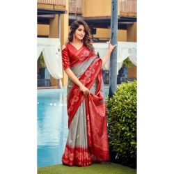 Generic Women's Cotton Blend Printed Saree With Unstitched Blouse (Grey, 5-5 Mtrs)