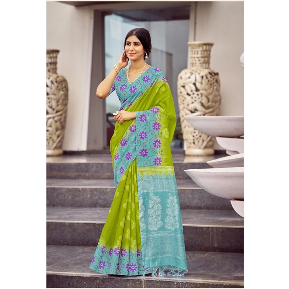 Generic Women's Cotton Blend Printed Saree With Unstitched Blouse (Green, 5-5 Mtrs) Generic Women's Cotton Blend Printed Saree With Unstitched Blouse (Green, 5-5 Mtrs)