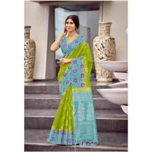 Generic Women's Cotton Blend Printed Saree With Unstitched Blouse (Green, 5-5 Mtrs)