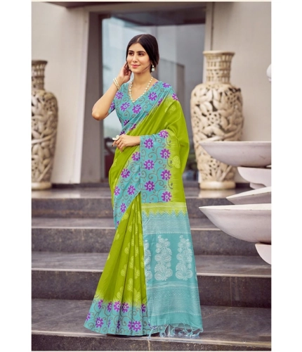 Generic Women's Cotton Blend Printed Saree With Unstitched Blouse (Green, 5-5 Mtrs)