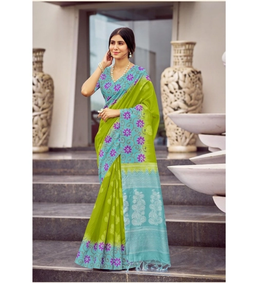 Generic Women's Cotton Blend Printed Saree With Unstitched Blouse (Green, 5-5 Mtrs)